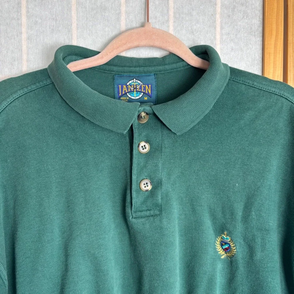Vintage Jantzen Mens Green Long Sleeve Polo‎ Sweatshirt Made in USA Size M FLAW